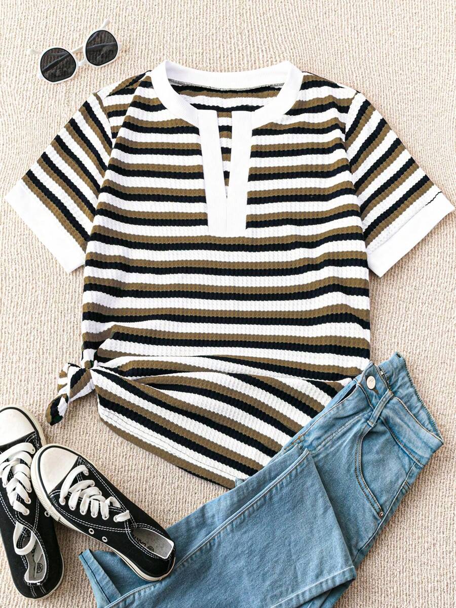 SHEIN LUNE Plus Size Summer Casual Colorblock Striped T-Shirt - Multicolor - View 1