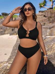 SHEIN Swim Curve 大码时尚特殊面料补充两件套比基尼泳装套装夏季 - 黑色 - 查看 6