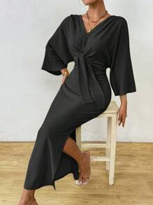 Celisse 女士优雅纯色蝙蝠袖侧开衩鱼尾连衣裙，春秋季长款女装