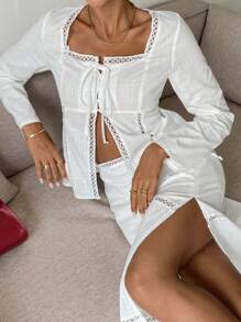 SHEIN Frenchy 2pcs Women White Simple Front Tie Hollow-Out Patchwork Long Sleeve Top & Split Hem Skirt Set,Open Placket Buttons Winter Women Tops And Winter Women Long Skirts Set,New Year Eve Dress Set,Christmas Party Dress,Winter Women Dress,Winter Two Pieces Sets,Ins Blogger Wear, Casual Everyday Wear, Commute, Minimalist, Office, Old Money - White - View 5