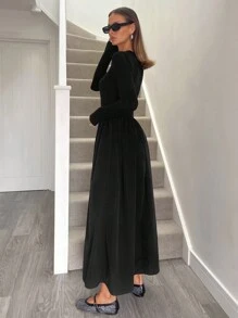 Siren Gaze 女士羊毛衬里保暖长裙，黑色，长袖，口袋，秋季时尚，黑色长袖连衣裙，秋季女装，仙女裙，女士服装，加垫连衣裙，秋季女装 - 黑色 - 查看 2