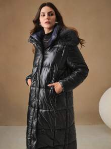 Anewsta 韩版时尚连帽蓬蓬领中长款女士外套 - 黑色 - 查看 5