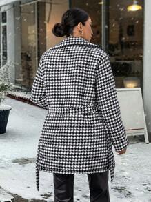 RueChic Fashionable Chic Elegant Houndstooth Pattern Belted Padded Coat - Multicolor - View 2