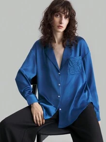 Ontre Women's Contrast Collar Long Sleeve Embroidered Pocket Shirt,  Autumn Back To School Clothes
