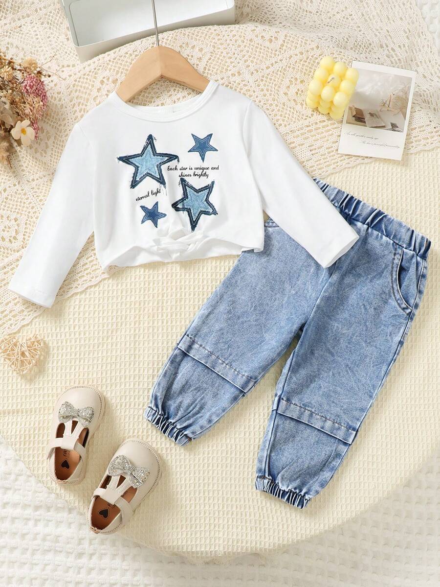 Bộ 2 món/Bộ áo thun in chữ và ngôi sao màu trắng thường ngày cho bé gái và quần denim xanh giặt, Bộ thu đông - trắng - Xem 1