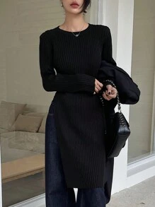 DAZY Women Solid Color Bodycon High Slit Maxi Knitted Dress