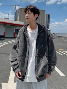 Manfinity Hypemode Áo khoác denim trùm đầu bằng vải nỉ màu xám dành cho nam - Màu xám đen - Xem 5