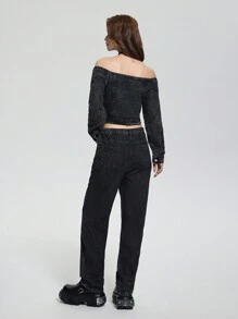 SHEIN Explorewe 2pcs Vintage Streetwear Teen Girls Set: Denim Off-Shoulder Crop Top & All-Match Loose Straight Leg Jeans - Black - View 2