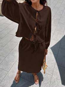 SHEIN LUNE Women's Casual Loose Comfy Linen Bowknot Tie Detail Puff Sleeve Shirt + Women's Casual Comfy Linen A-Line Mid-Length Skirt - Mocha Brown - View 4