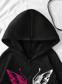 INAWLY 女士长袖前拉链蝴蝶印花极简连帽休闲卫衣，长袖上衣，毕业季、教师节、返校季套头衫 - 黑色 - 查看 3