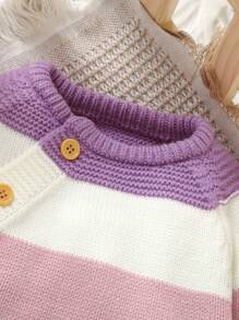 SHEIN Vintaside Kids Baby Girl Front Snap Long Sleeve Solid Color Patchwork Sweater Romper