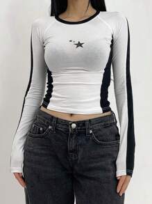 DAZY 女士对比色圆领修身五角星 T 恤 Y2k 节 - 黑與白 - 查看 4