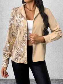 SHEIN Privé Women's Elegant Office Party Club Sparkly Sequin Contrast Button Long Sleeve Shirt
