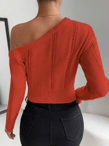 Chiquease Casual Solid Asymmetric Shoulder Cropped Sweater, Spring & Fall, Knit Pullover Fall Winter - Orange - View 2