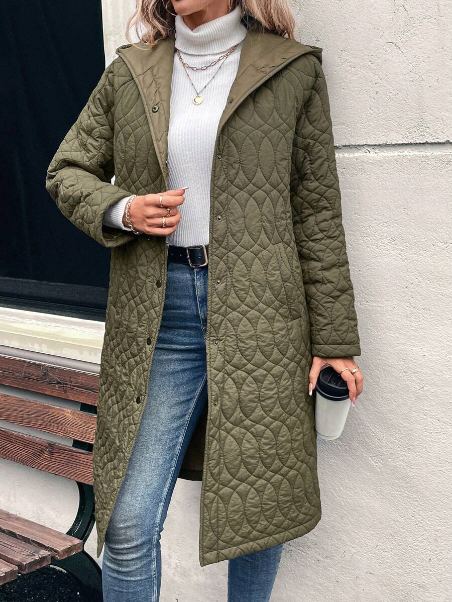 EMERY ROSE 女士冬季连帽长款休闲棉服外套 - 軍綠色 - 查看 1