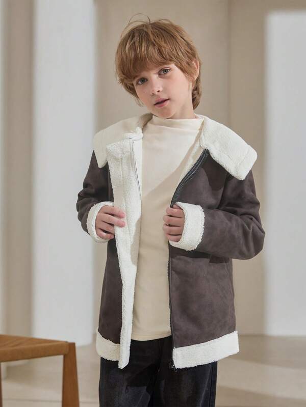 SHEIN Tween Boy's Casual Thermal Lined PU Jacket With Thick Plush Collar And Zip Front For Warmth