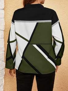 SHEIN LUNE 大码女式春夏拼色 V 领长袖优雅衬衫 - 軍綠色 - 查看 2