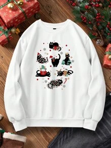 SHEIN LUNE 圣诞可爱小猫图案印花女式套头衫，宽松版型，厚实，圆领，长袖，适合秋冬季 - 白色 - 查看 7