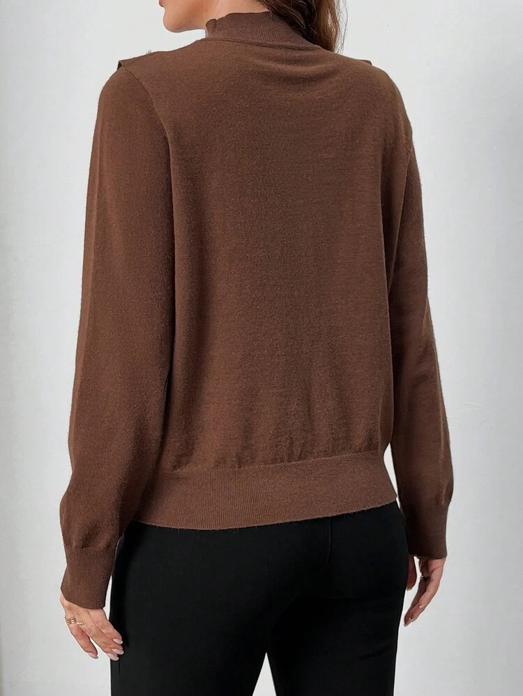 Women's Solid Color Stand Collar Long Sleeve Beaded Embellished Sweater, Casual Daily Wear