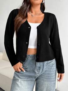 Flirla Plus Size Women Black Simple Loose Sweater Cardigan, For Winter - Black - View 5
