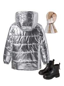 1 件 Tween 男童休闲字母印花金属色连帽棉衣，适合冬季