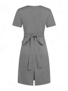 SHEIN TaskFit Áo sơ mi công sở màu trơn cổ chữ V tay ngắn cho nữ - Xám - Xem 9