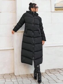 EURMUSE Women's Utility Hooded Front Zipper  Quilted Warm Puffer Down Coat - Black - View 5