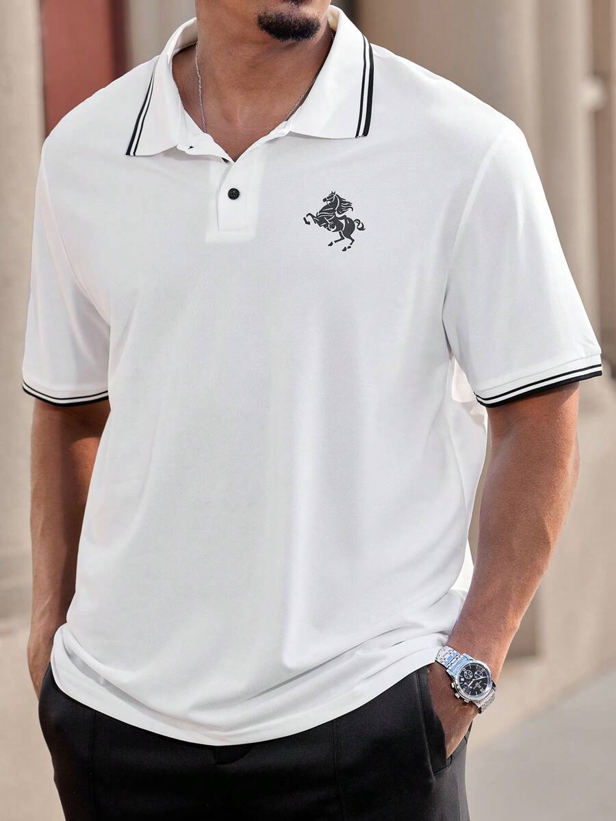 Manfinity CasualMax Chemise polo d'été décontracté pour homme grande taille avec bordure contrastée et imprimé de cheval