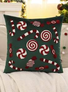 1pc Christmas Decor Candy Embroidery Velvet Throw Pillow Cover, For Living Room & Bedroom - Dark Green - View 1