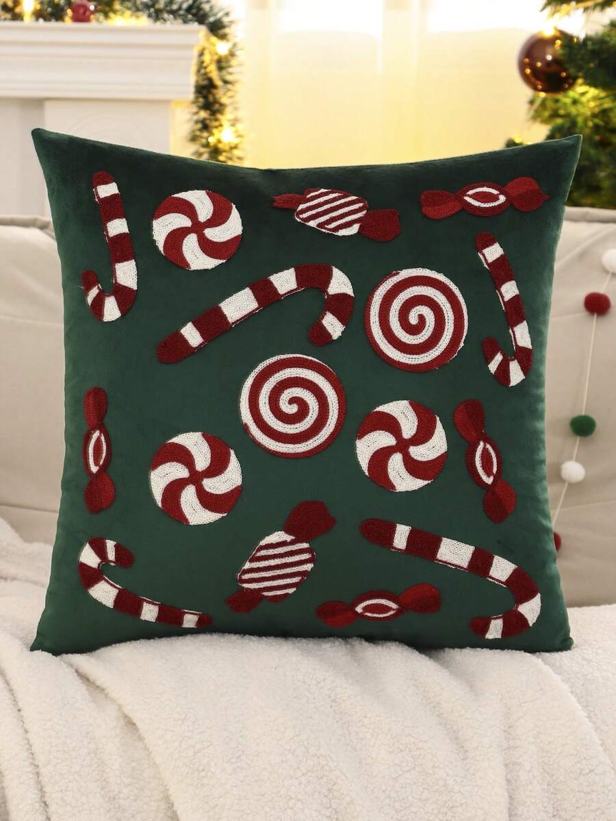 1pc Christmas Decor Candy Embroidery Velvet Throw Pillow Cover, For Living Room & Bedroom - Dark Green - View 1