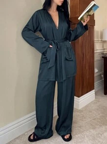 DAZY Women Solid Color Long Sleeve Satin Belted Robe & Pants Sleepwear Lounge Set, Cozy Outfits, Fall Winter Clothes Pajama