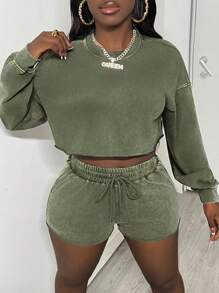 Slaydiva Bộ đồ hai mảnh giản dị đơn giản phong cách cơ bản cổ tròn tay dài cắt ngắn rộng rãi vai trễ tay bồng gấu rộng quần short mini áo nỉ dệt kim thủ công giặt tuyết dành cho nữ - H - màu xanh lá - Xem 1