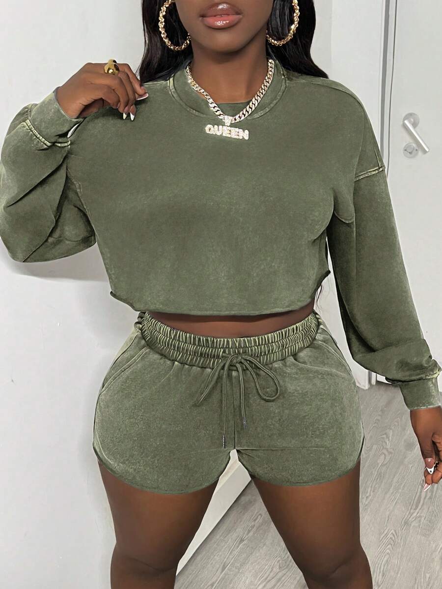 Slaydiva Bộ đồ hai mảnh giản dị đơn giản phong cách cơ bản cổ tròn tay dài cắt ngắn rộng rãi vai trễ tay bồng gấu rộng quần short mini áo nỉ dệt kim thủ công giặt tuyết dành cho nữ - H - màu xanh lá - Xem 1