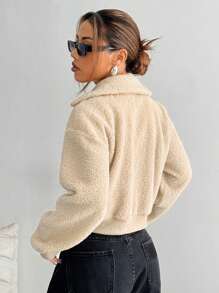 SHEIN Unity Women's Casual Solid Color Fleece Cropped Jacket, Autumn & Winter - Khaki - View 2