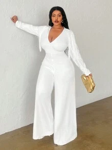 Slaydiva 大码优雅奢华 V 领长袖流苏阔腿连体裤 - 白色，秋冬 - 白色 - 查看 4