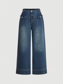 SHEIN MOD Plus Size Casual Loose Retro Wide Leg Jeans, Blue - Dark Wash - View 1