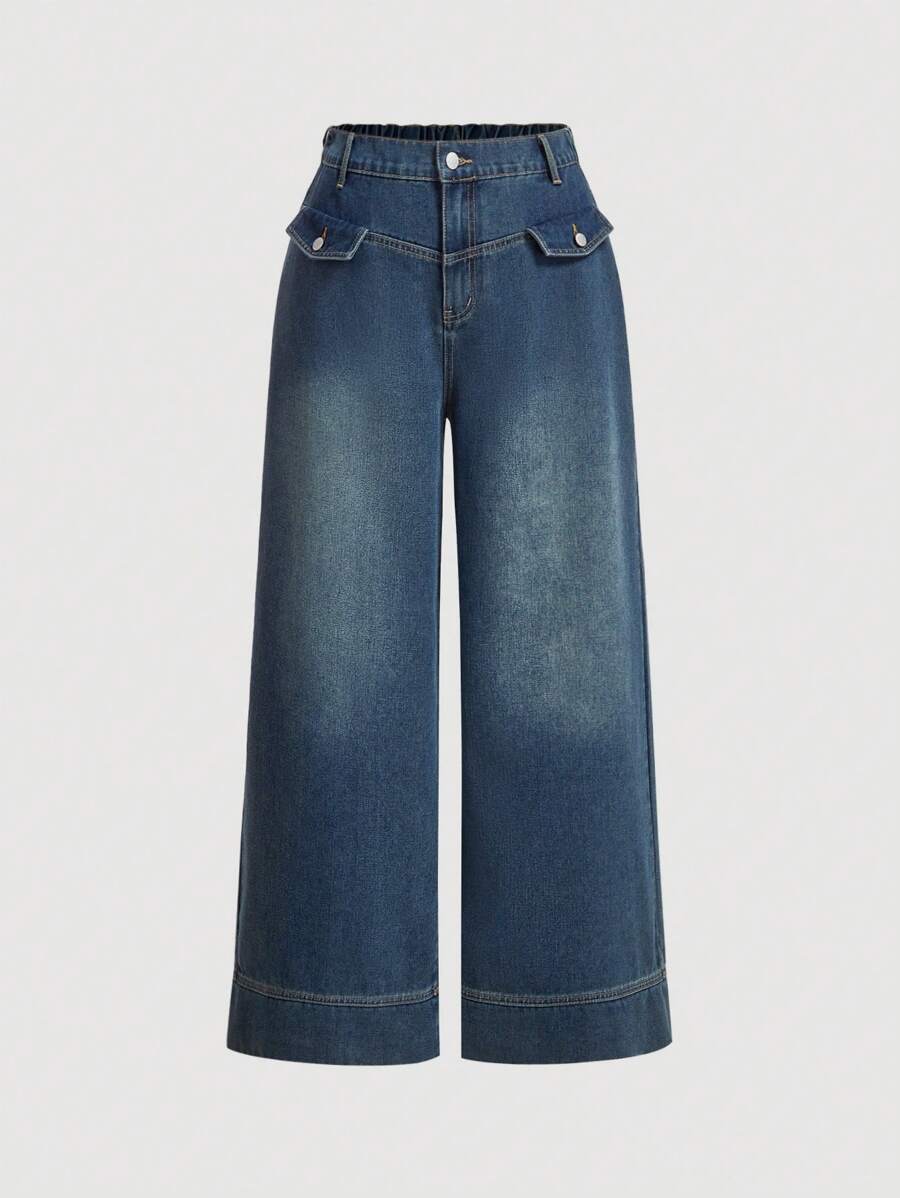 SHEIN MOD Plus Size Casual Loose Retro Wide Leg Jeans, Blue - Dark Wash - View 1
