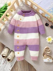 SHEIN Vintaside Kids Baby Girl Front Snap Long Sleeve Solid Color Patchwork Sweater Romper