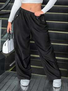 CovetEZ Pantalon décontracté de grande taille, couleur unie, taille avec cordon de serrage - Noir - Voir 1