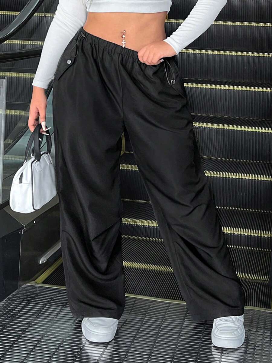 CovetEZ Pantalon décontracté de grande taille, couleur unie, taille avec cordon de serrage - Noir - Voir 1