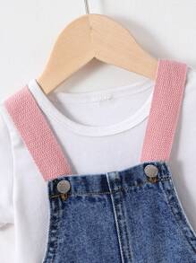 SHEIN 1 套女婴可爱小马图案粉色背带和蓝色牛仔背带裤，女婴秋冬装 - 淺色水洗藍 - 查看 7