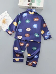 2 件套 男童简约多色熊印花领开衫和裤子睡衣套装 - 藏蓝色 - 查看 2