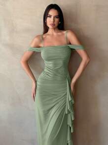 SHEIN Tall Đầm nữ màu trơn gợi cảm và ngọt ngào, cổ bẻ, tay bồng, xếp ly, viền bèo nhún, xẻ tà cao, dây đeo vai - màu xanh lá - Xem 3