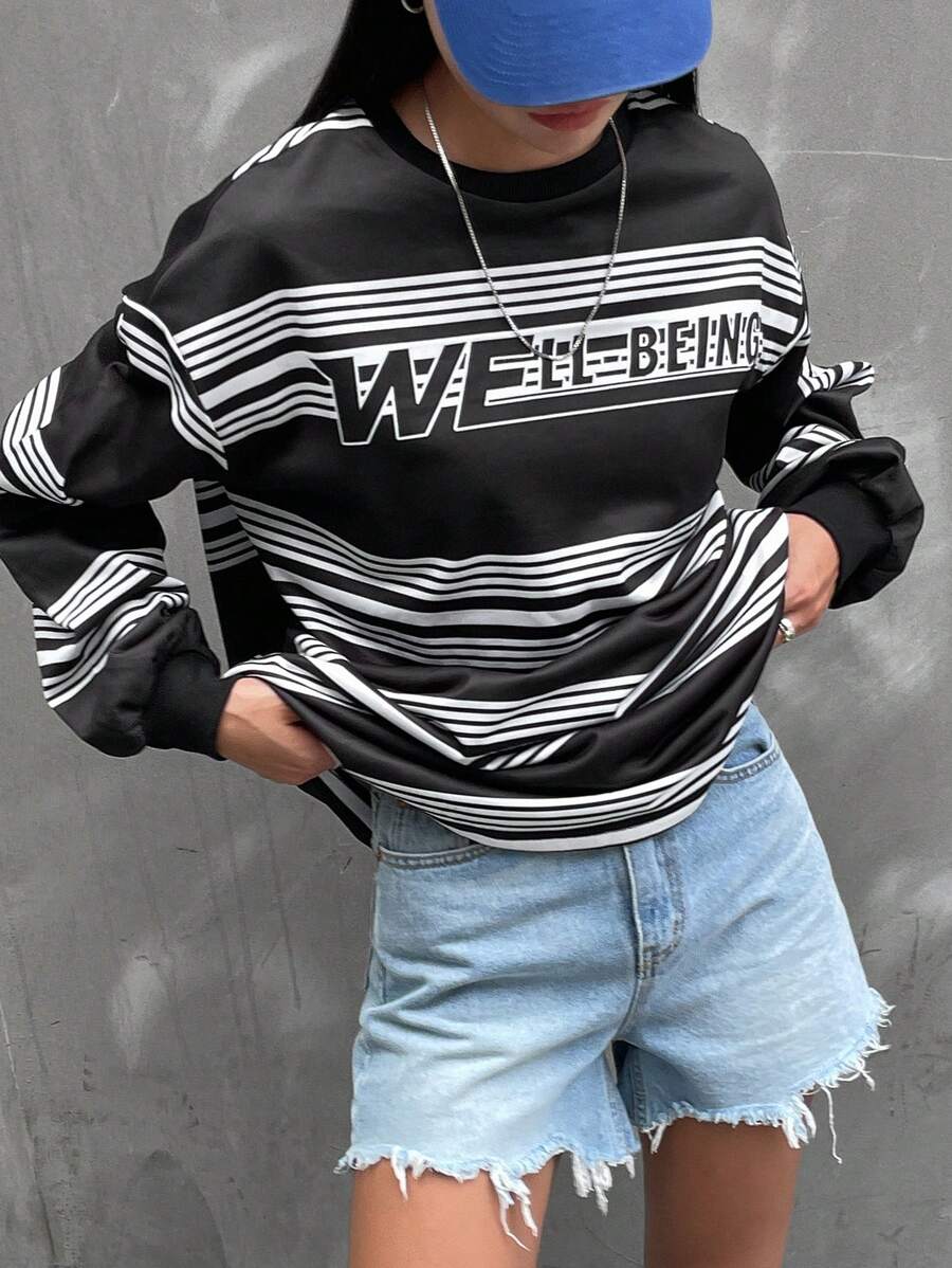 DAZY Women's Crew Neck Long Sleeve Striped & Letter Print Casual Sweatshirt,Fall Clothes - Black - View 1