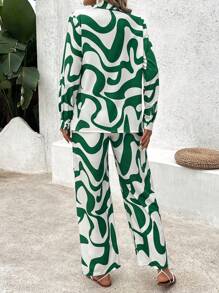 Breezaya Women's Wave Print Shirt Top And Wide Leg Pants Casual Set