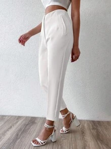 EURMUSE 女士纯色高腰牙签条纹设计休闲锥形裤 - 白色 - 查看 3