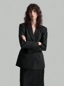 Ontre Nuova collezione primavera 2025 per donna, giacca di tailleur a forma di campana con vita modellata, tinta unita, con risvolto, manica lunga, vestibilità slim, abbigliamento da lavoro per ufficio e professioniste urbane - nero - Visualizzare 9