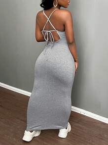Slaydiva Đơn giản Cơ bản Giải trí Mùa hè Trở lại Coa dây Váy Dây - Xám - Xem 1