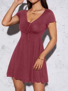 SHEIN PETITE Lettuce Trim Drawstring Knot Front Summer Women Outfit Black Dress - Redwood - View 3