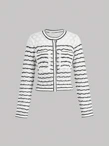 SHEIN MOD Black & White Striped Form-Fitting Round Neck Ladies Knitted Cardigan Sweater, Women's Cable Knit Long Sleeve Shrug White Knitted Sweater,Fall Clothes,
Pocket Lace,Back To School Clothes - Black and White - View 1